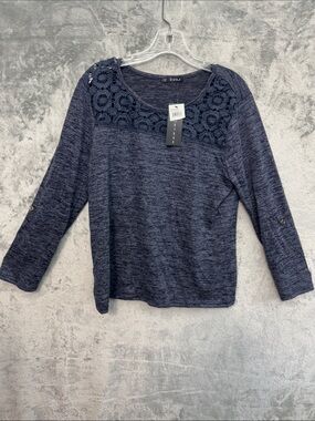 Storybuk Med Women's Navy Crochet Yoke Long Sleeve Knit Top soft NEW